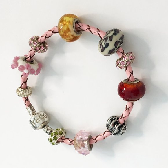 Pink Pleather Braid Bracelet with 10 Colourful Pendants - Picture 3 of 5